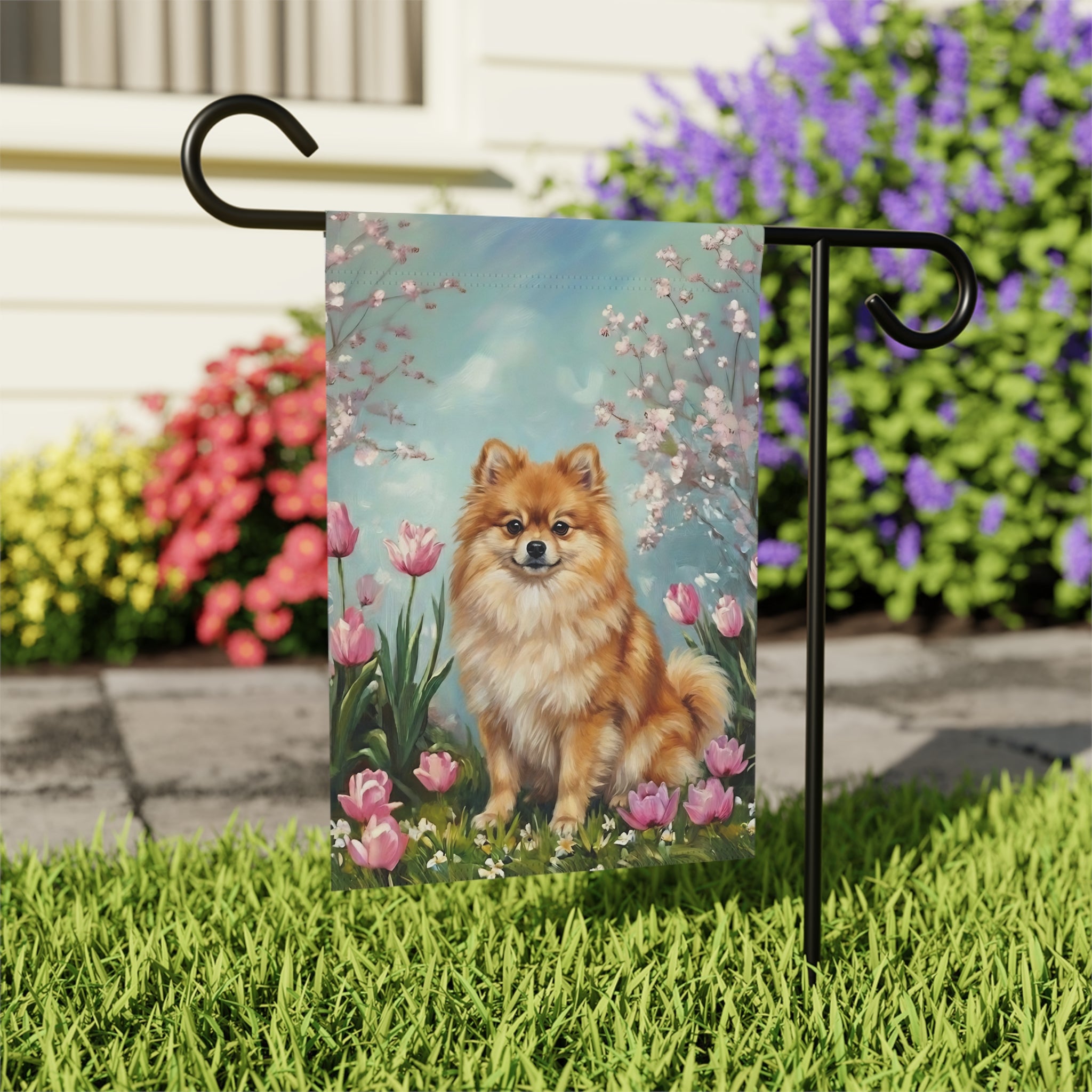 Pomeranian In the Tulips Spring Garden Flag - outdoor display - Dragonfire Gardens