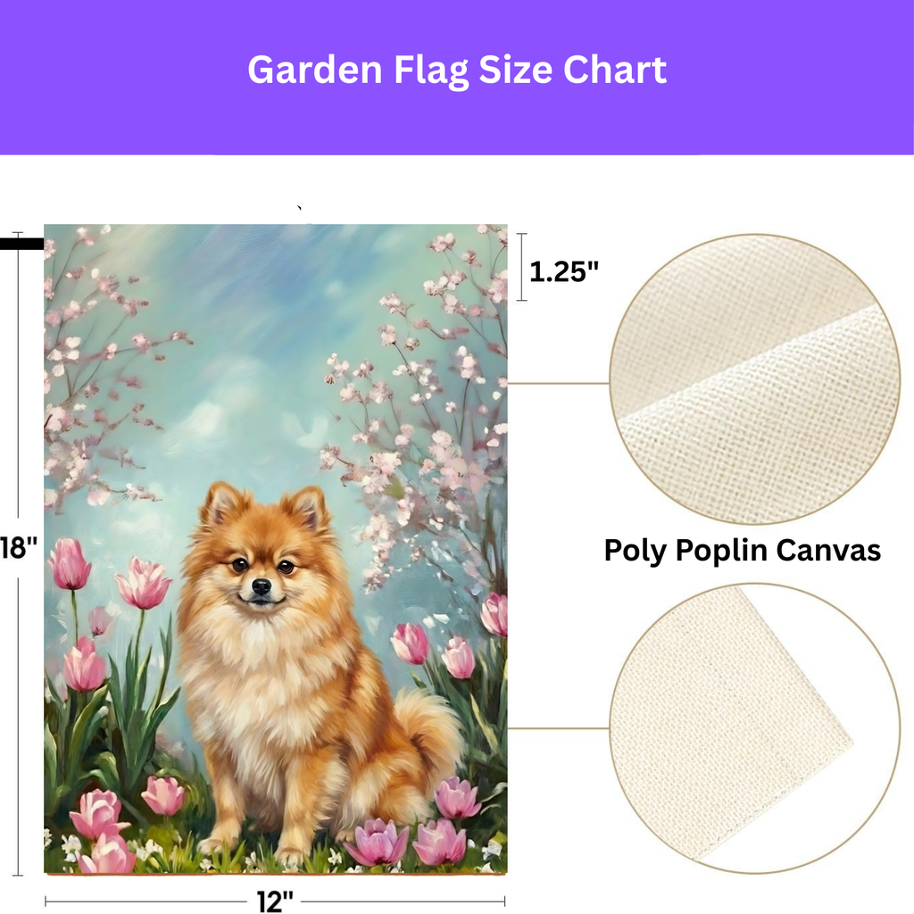 Pomeranian In the Tulips Spring Garden Flag - porch decor - Dragonfire Gardens