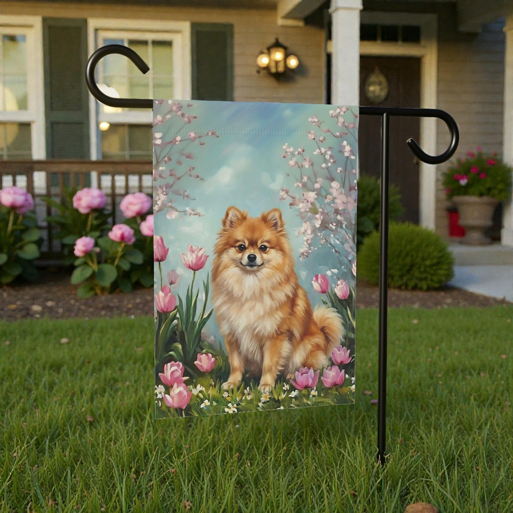 Pomeranian In the Tulips Spring Garden Flag - size comparison - Dragonfire Gardens