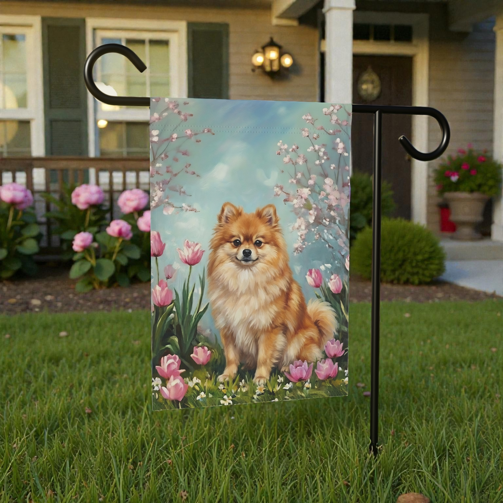 Pomeranian In the Tulips Spring Garden Flag - size comparison - Dragonfire Gardens