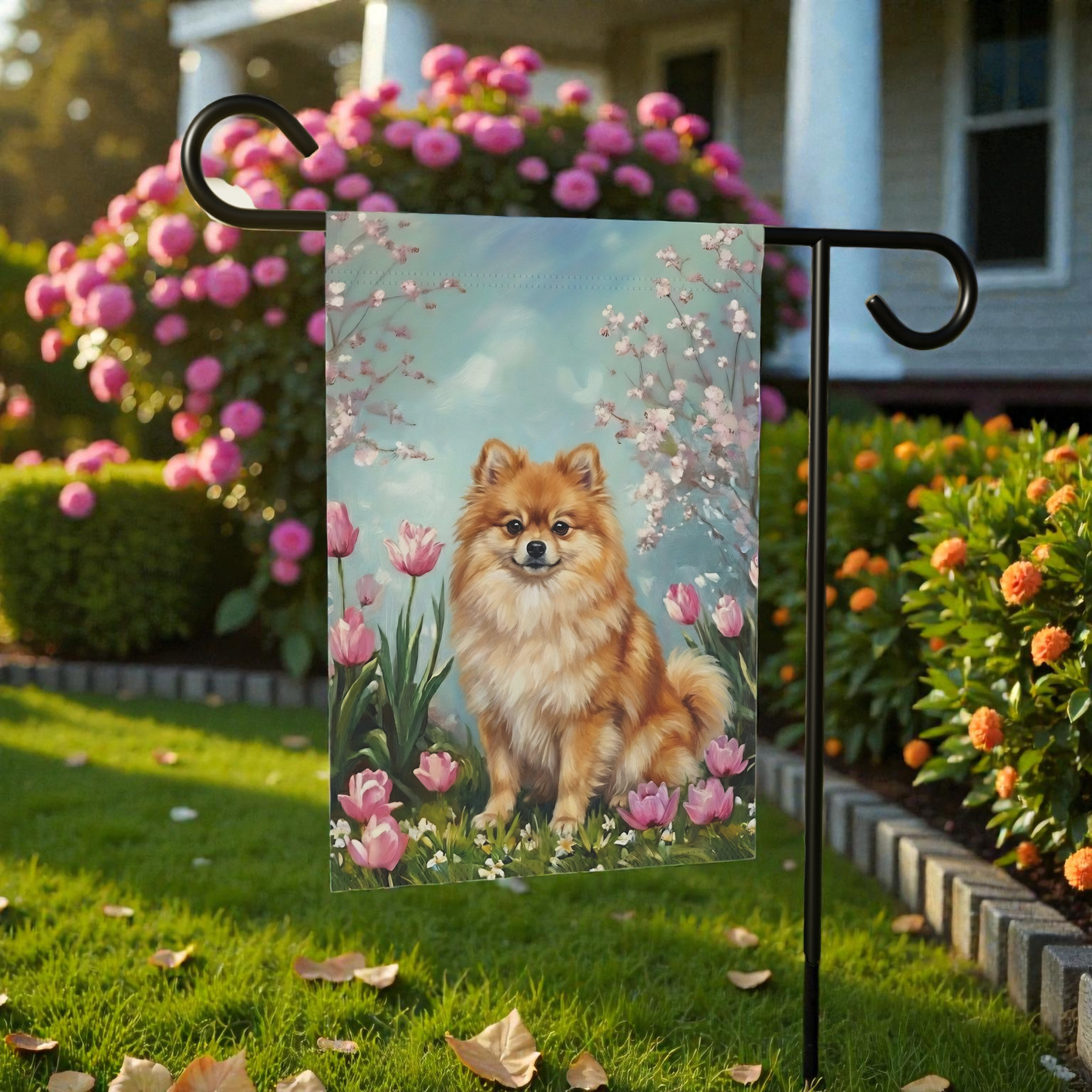Pomeranian In the Tulips Spring Garden Flag - front view - Dragonfire Gardens