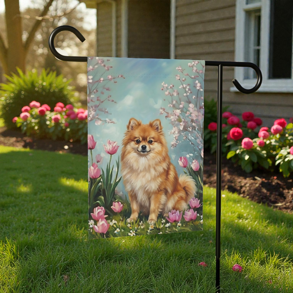 Pomeranian In the Tulips Spring Garden Flag - product detail - Dragonfire Gardens