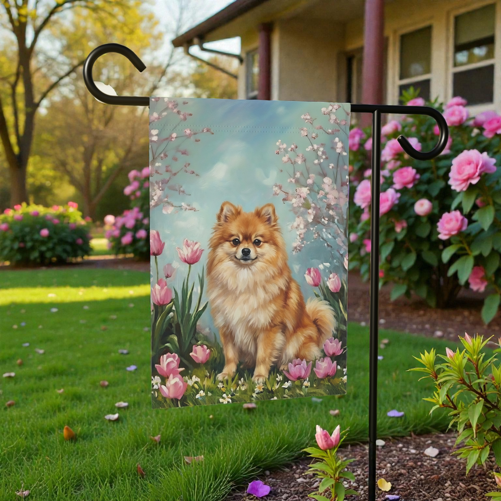 Pomeranian In the Tulips Spring Garden Flag - lifestyle display - Dragonfire Gardens