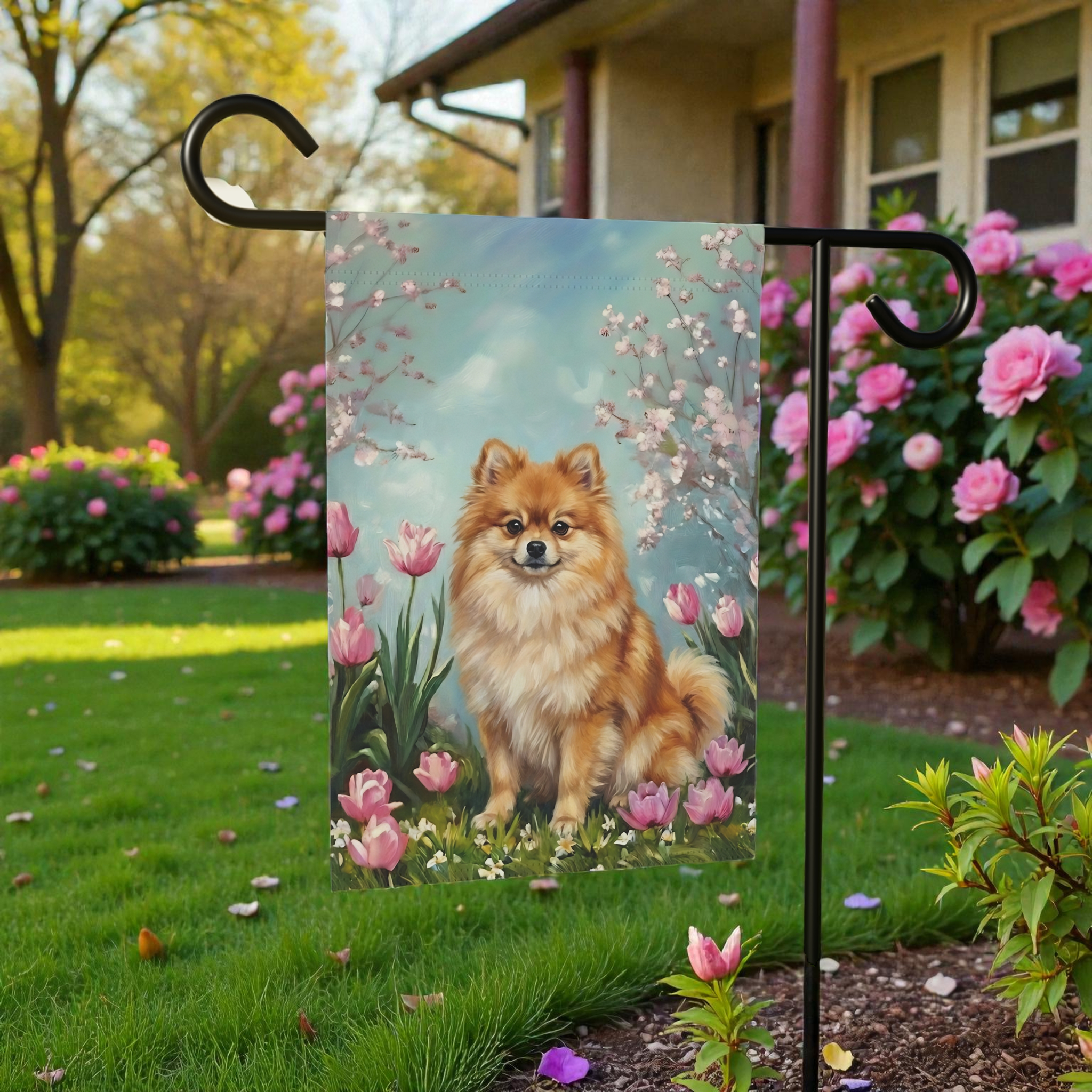 Pomeranian In the Tulips Spring Garden Flag - lifestyle display - Dragonfire Gardens