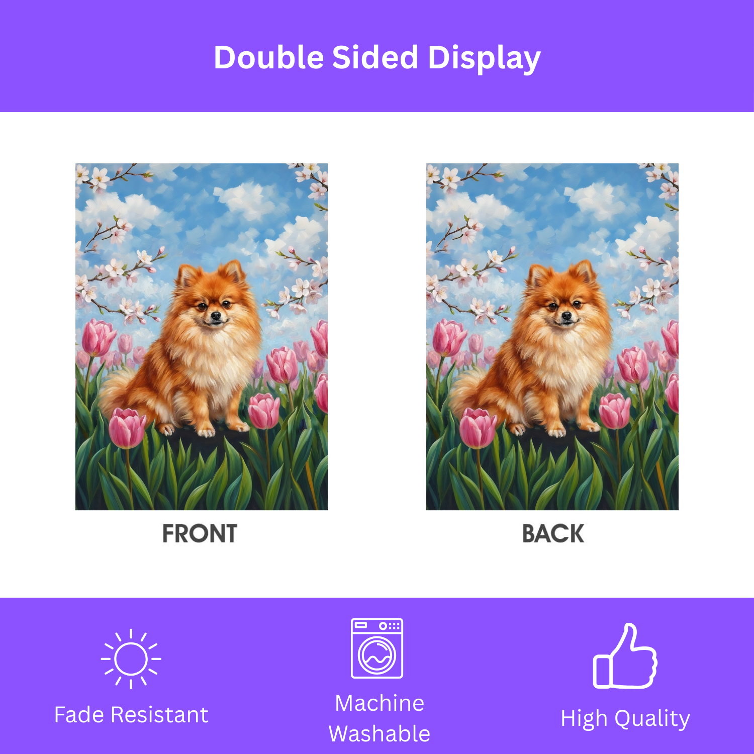 Pink Tulips and Pomeranian Spring Garden Flag - double-sided design - Dragonfire Gardens