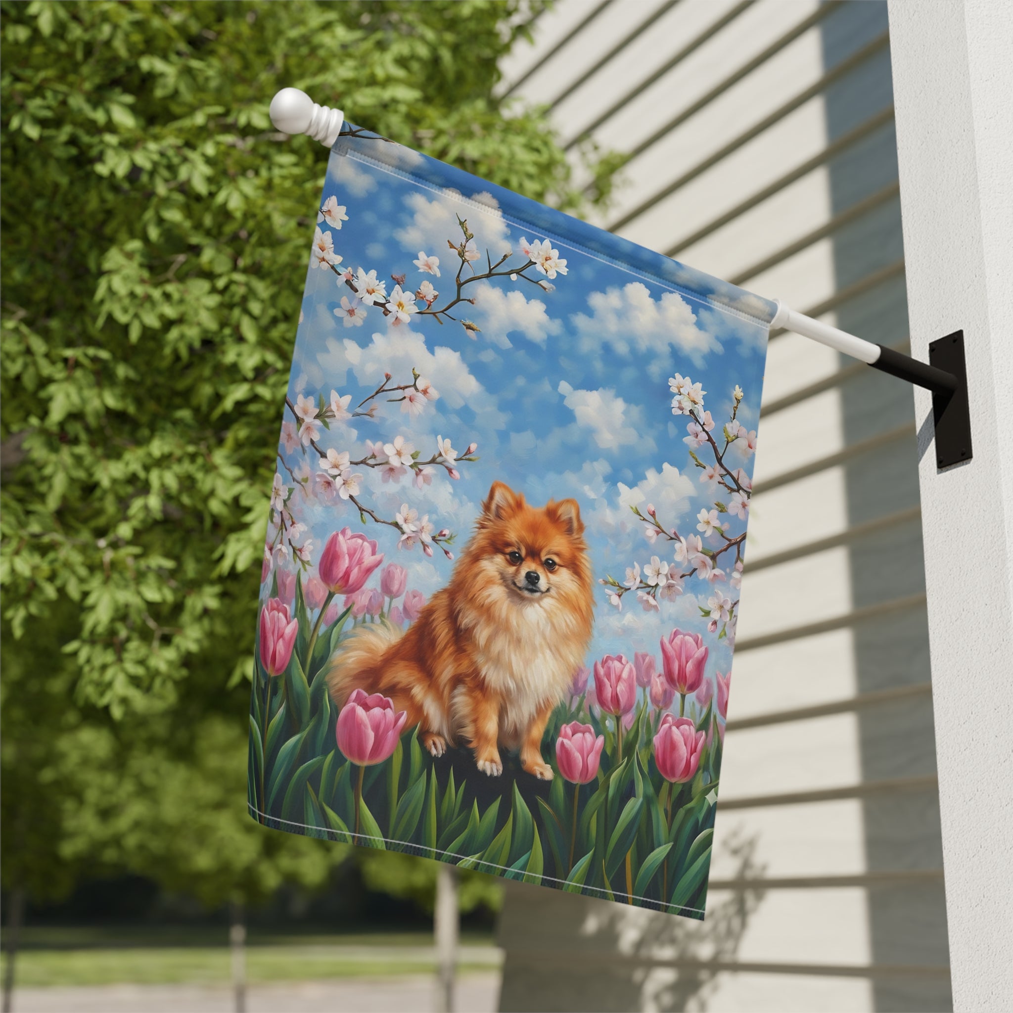 Pink Tulips and Pomeranian Spring Garden Flag - close-up detail - Dragonfire Gardens