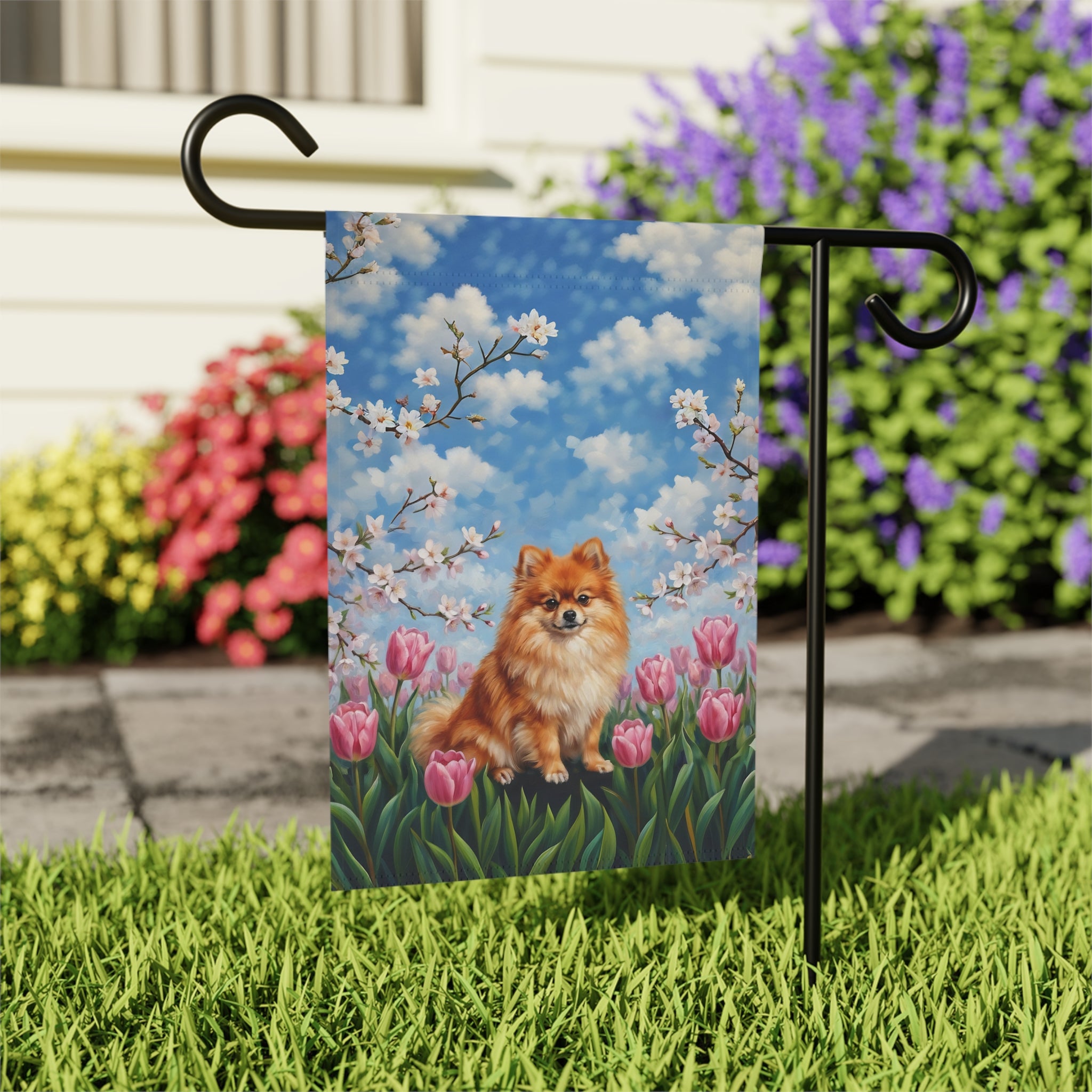 Pink Tulips and Pomeranian Spring Garden Flag - outdoor display - Dragonfire Gardens