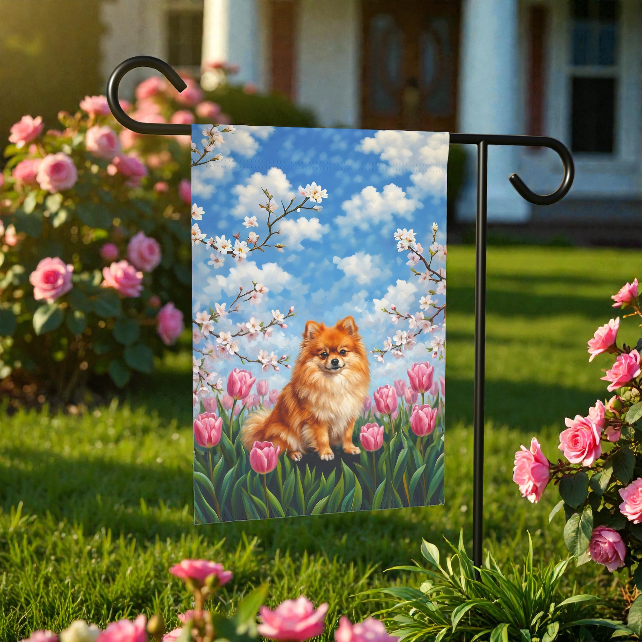 Pink Tulips and Pomeranian Spring Garden Flag - front view - Dragonfire Gardens