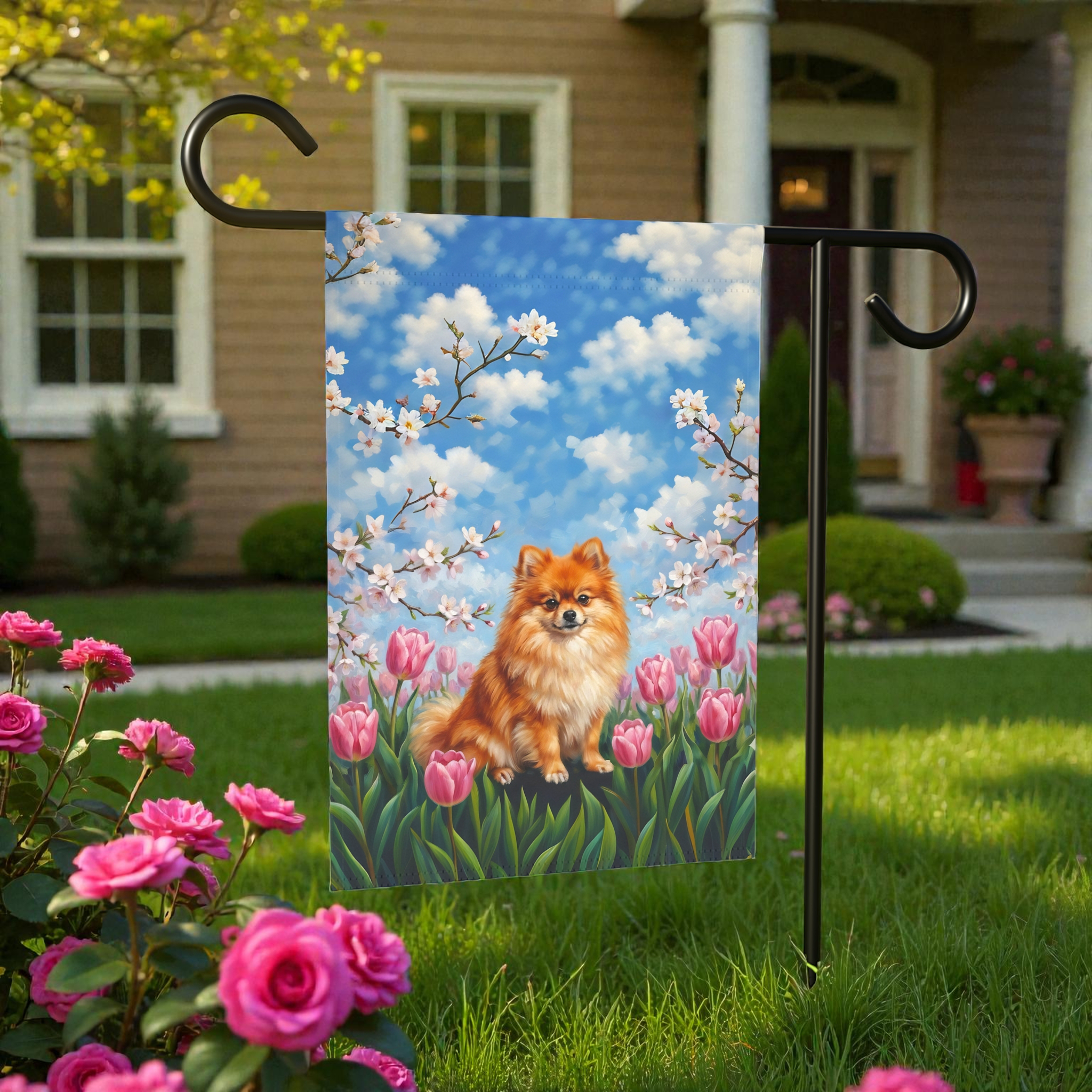 Pink Tulips and Pomeranian Spring Garden Flag - size comparison - Dragonfire Gardens