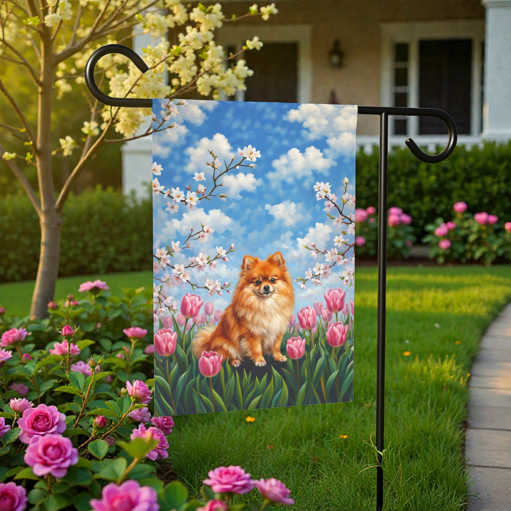 Pink Tulips and Pomeranian Spring Garden Flag - lifestyle display - Dragonfire Gardens