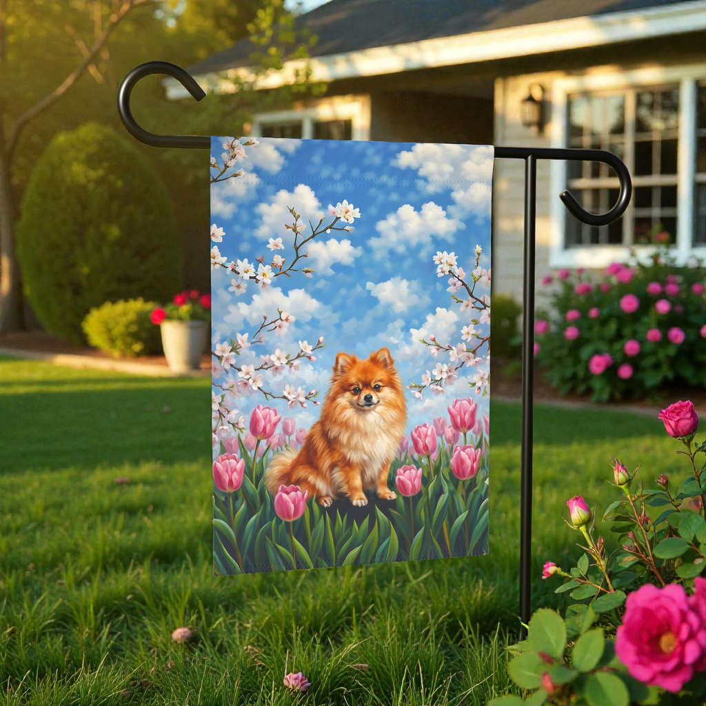 Pink Tulips and Pomeranian Spring Garden Flag - product detail - Dragonfire Gardens