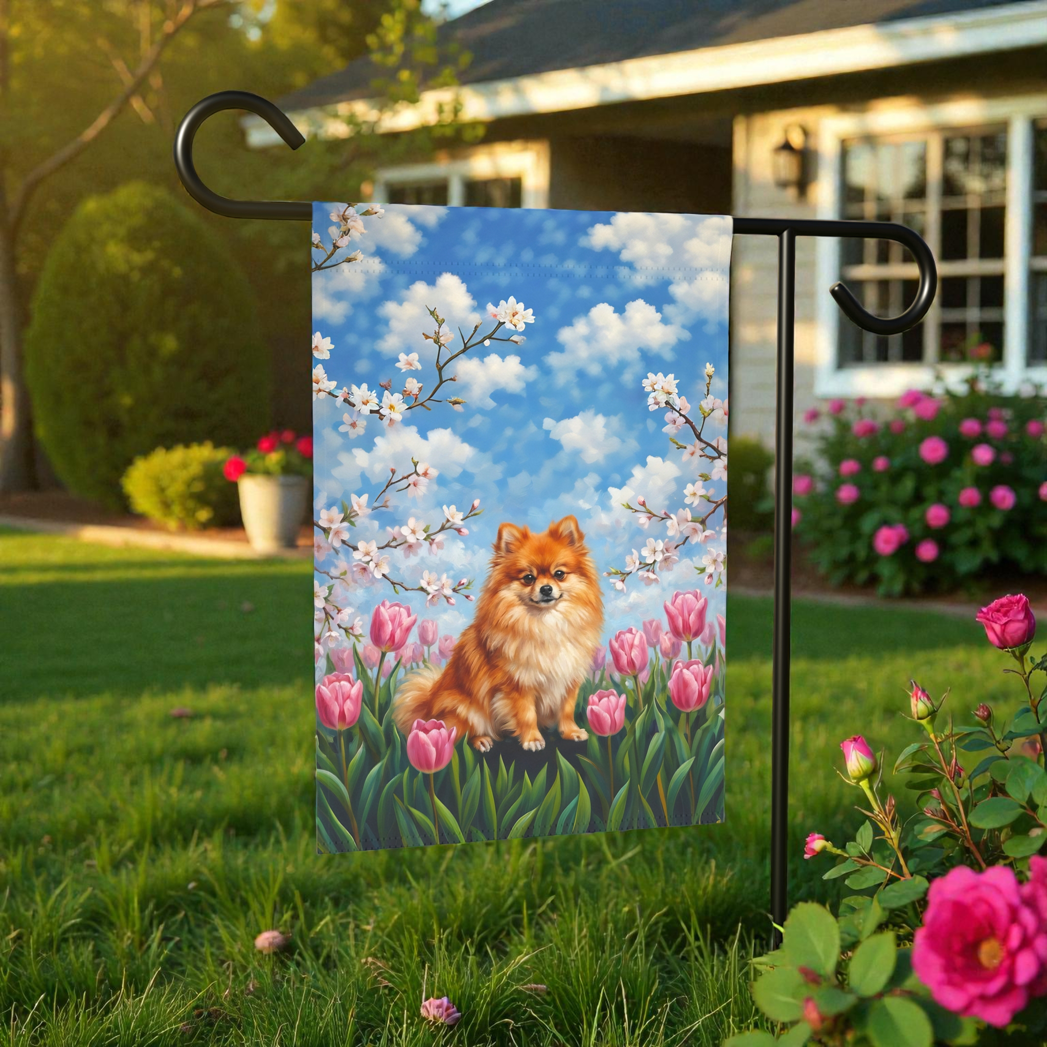 Pink Tulips and Pomeranian Spring Garden Flag - product detail - Dragonfire Gardens