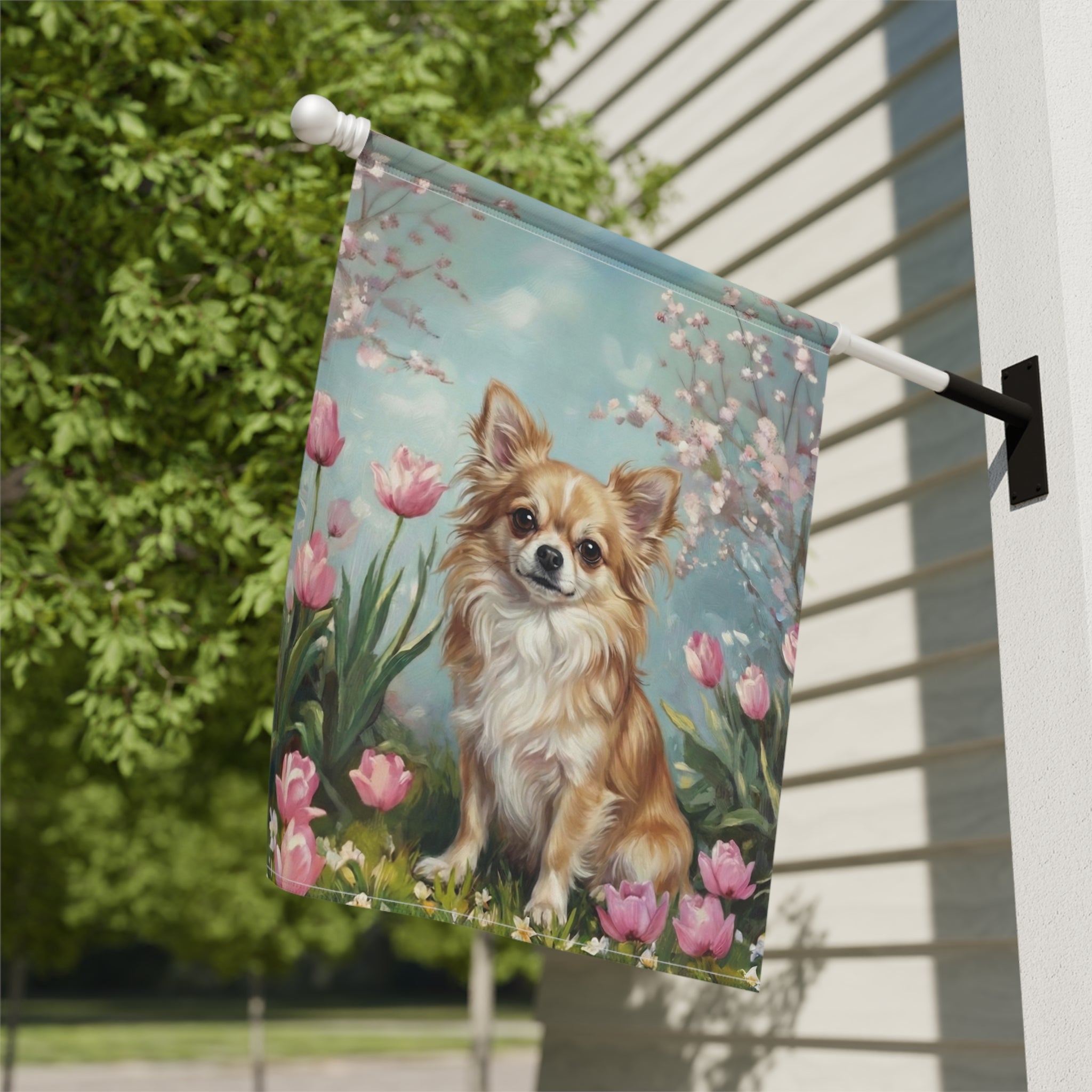 Long Hair Chihuahua in the Tulips Garden Flag - close-up detail - Dragonfire Gardens
