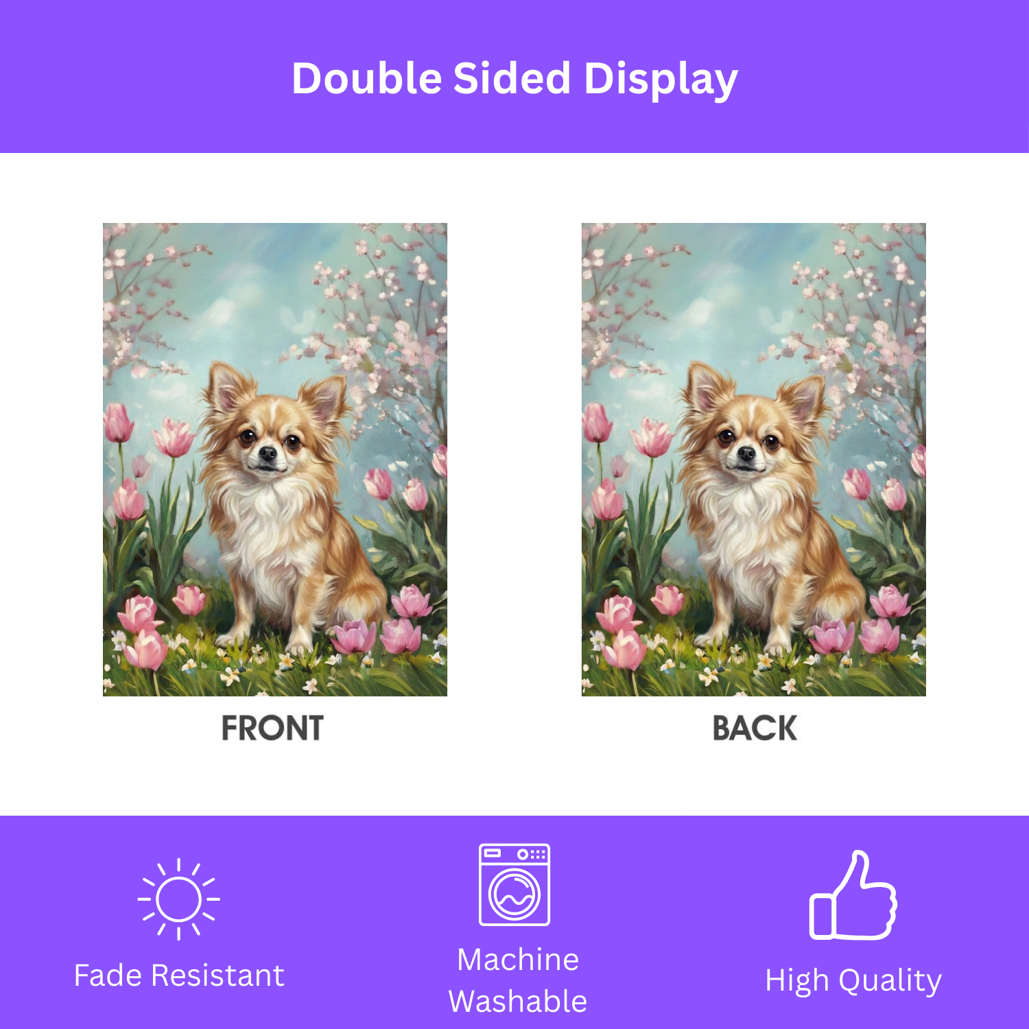 Long Hair Chihuahua in the Tulips Garden Flag - double-sided design - Dragonfire Gardens