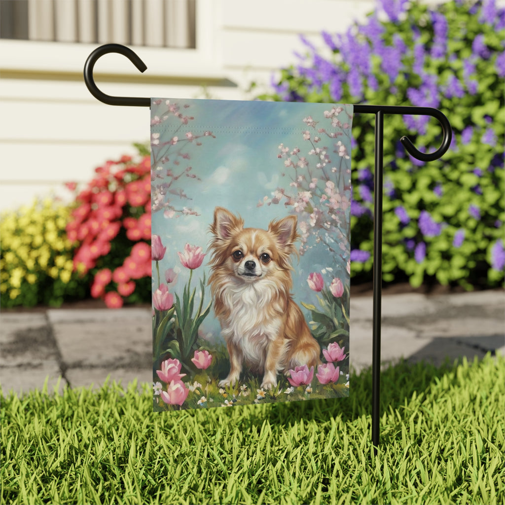 Long Hair Chihuahua in the Tulips Garden Flag - outdoor display - Dragonfire Gardens