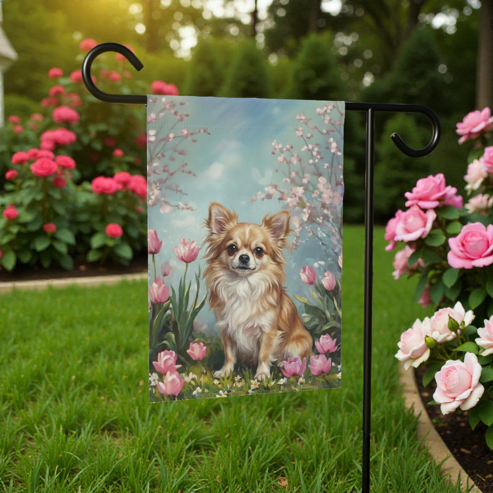 Long Hair Chihuahua in the Tulips Garden Flag - lifestyle display - Dragonfire Gardens