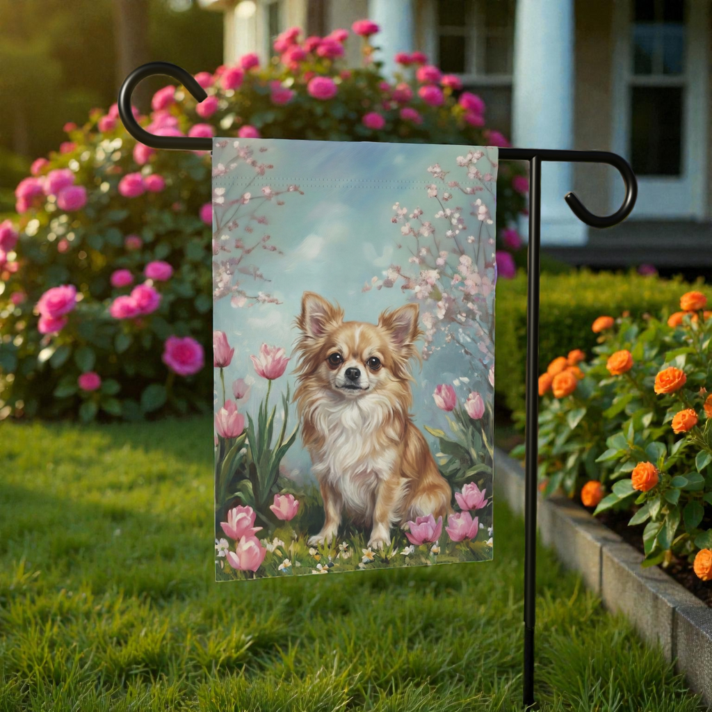 Long Hair Chihuahua in the Tulips Garden Flag - front view - Dragonfire Gardens