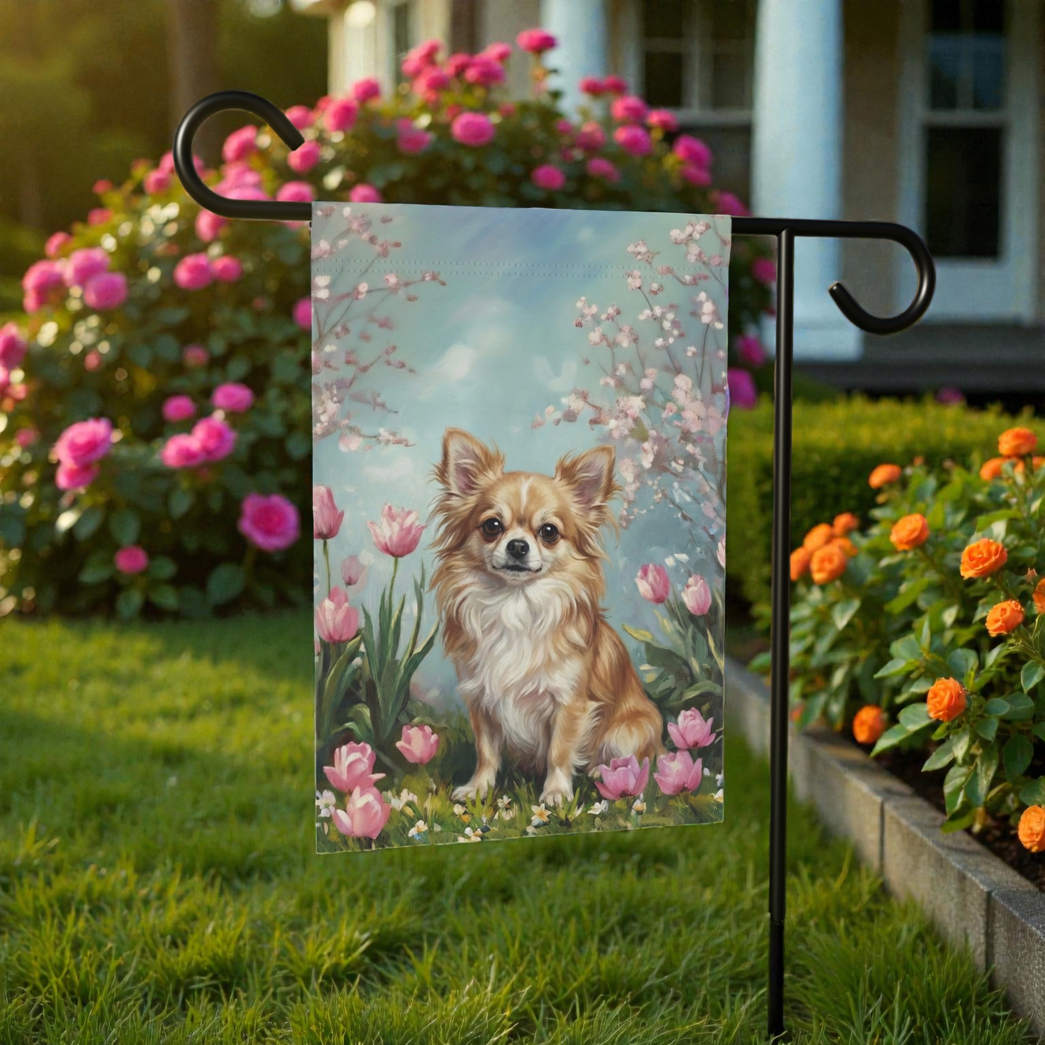 Long Hair Chihuahua in the Tulips Garden Flag - front view - Dragonfire Gardens
