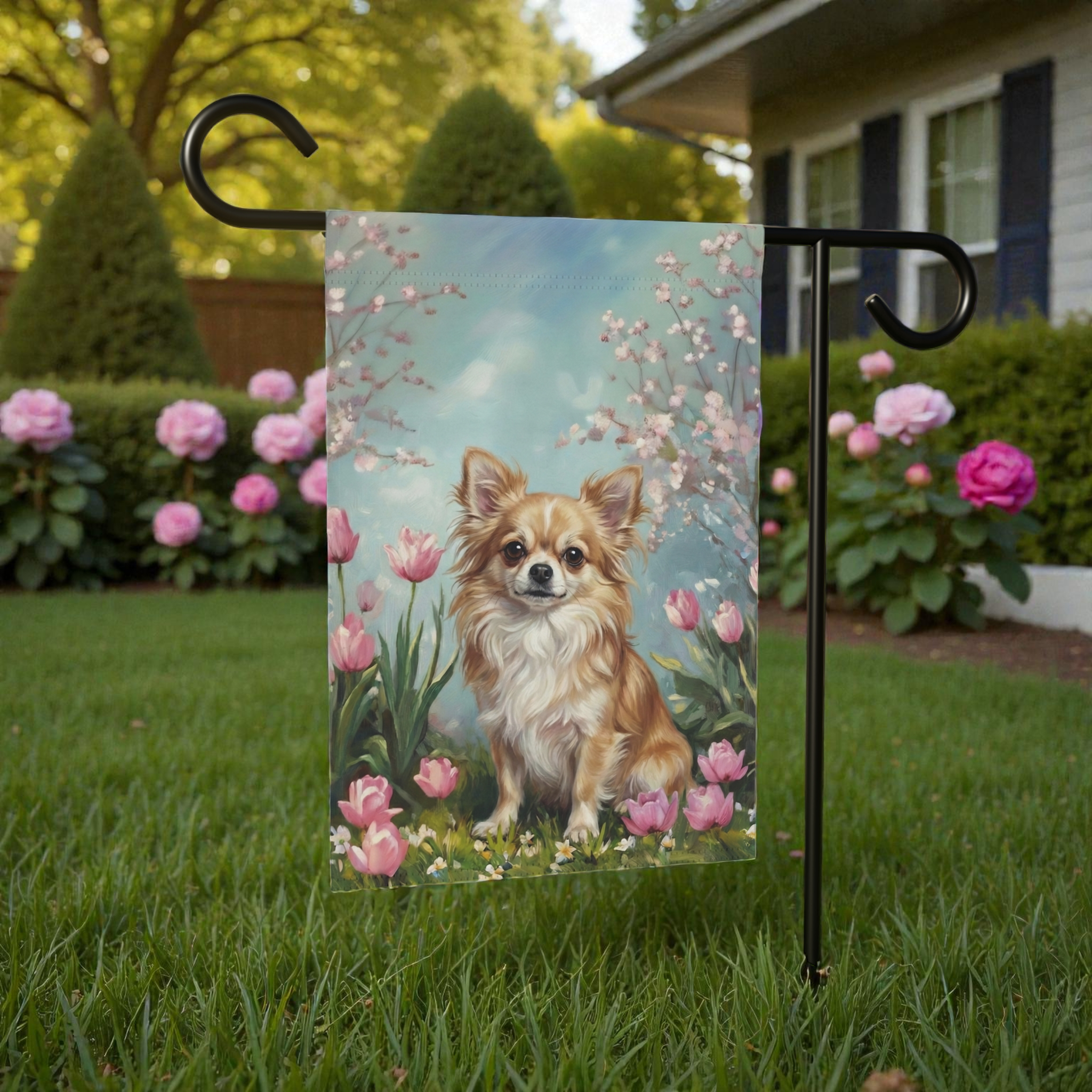 Long Hair Chihuahua in the Tulips Garden Flag - size comparison - Dragonfire Gardens