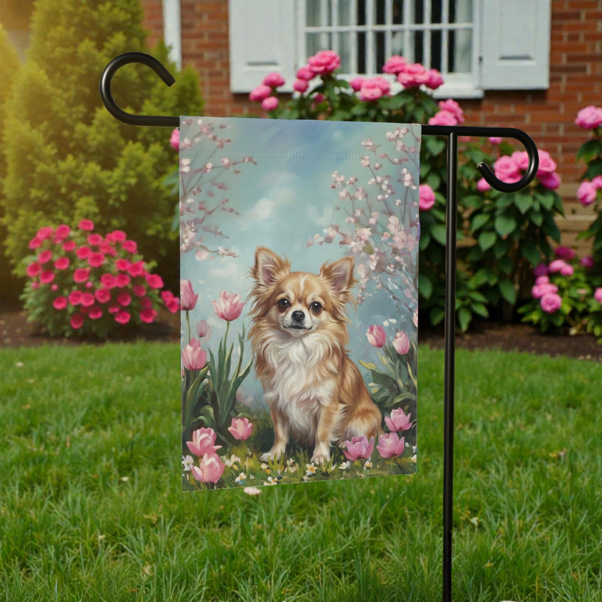 Long Hair Chihuahua in the Tulips Garden Flag - product detail - Dragonfire Gardens