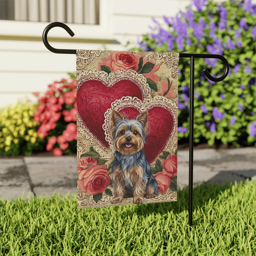 Two Heart Silver Yorkshire Terrier Valentine Garden Flag