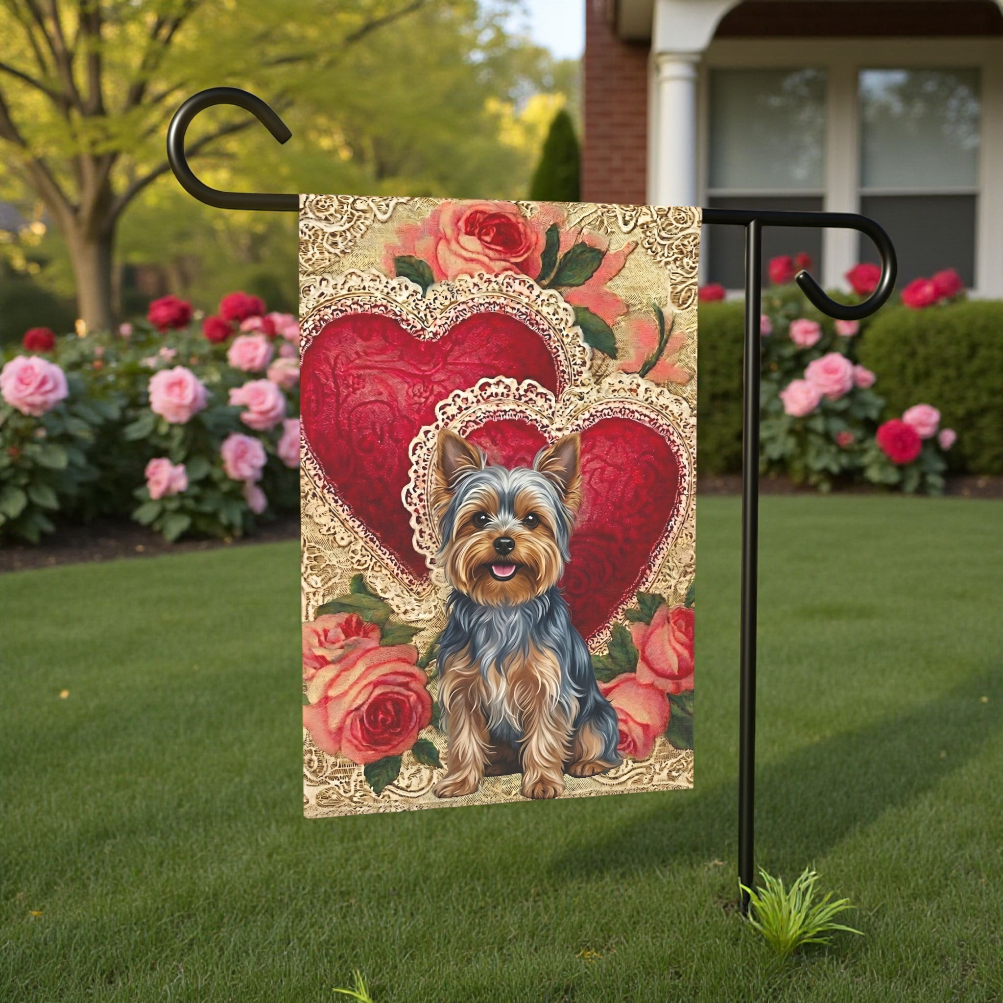 Two Heart Silver Yorkshire Terrier Valentine Garden Flag