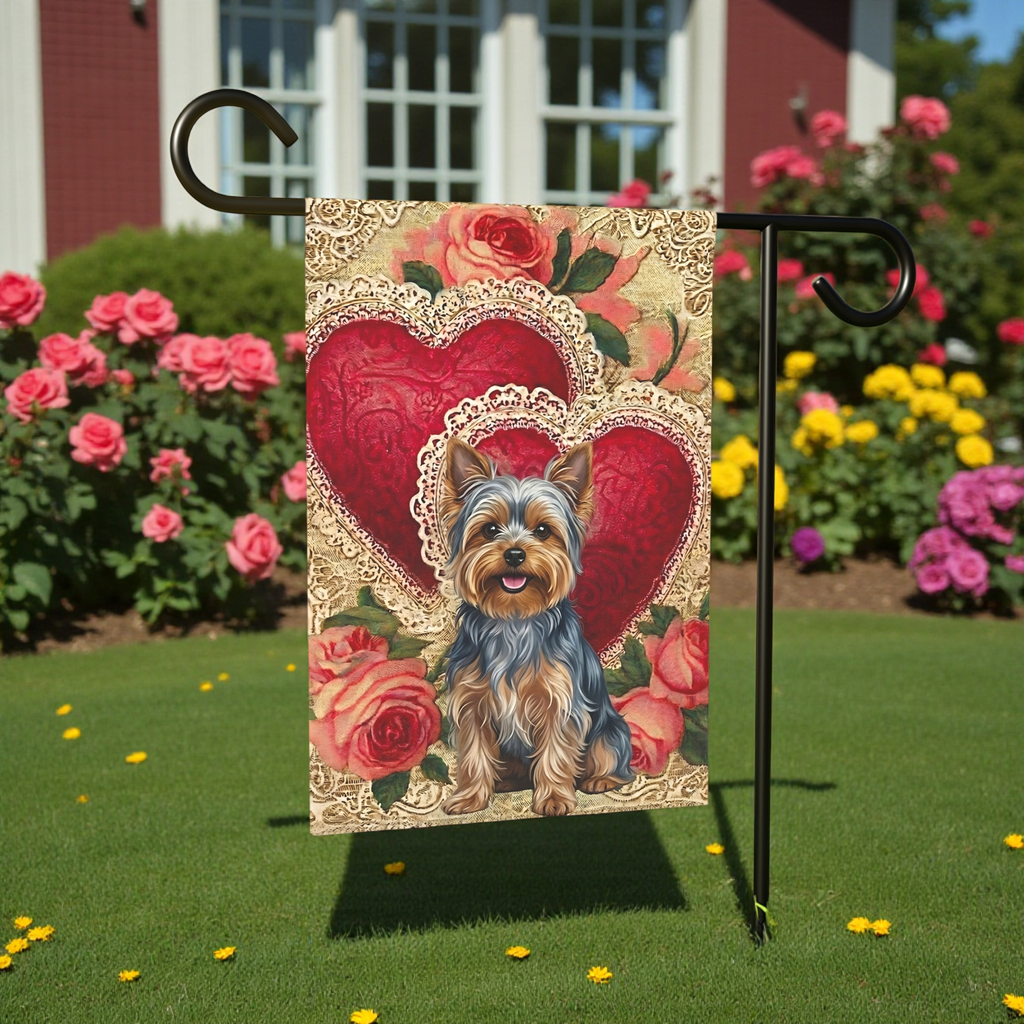 Two Heart Silver Yorkshire Terrier Valentine Garden Flag