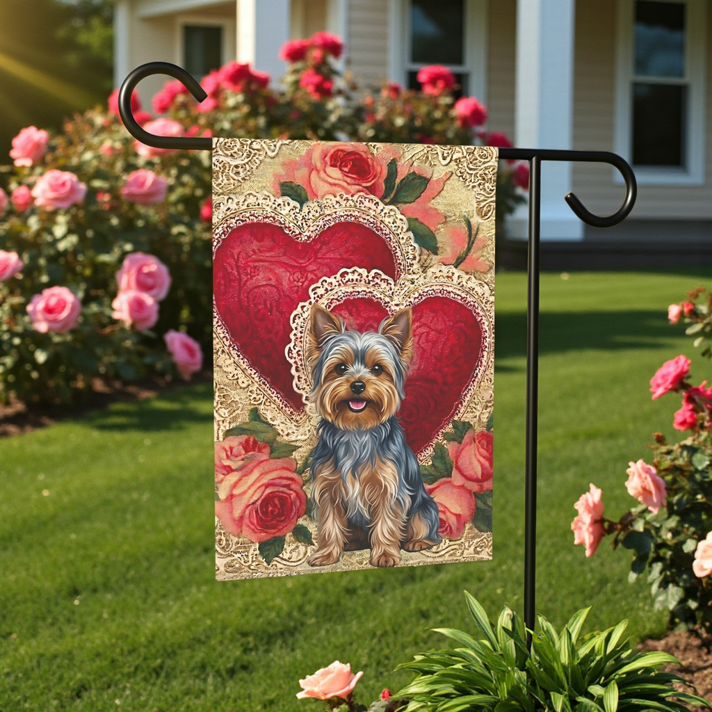 Two Heart Silver Yorkshire Terrier Valentine Garden Flag