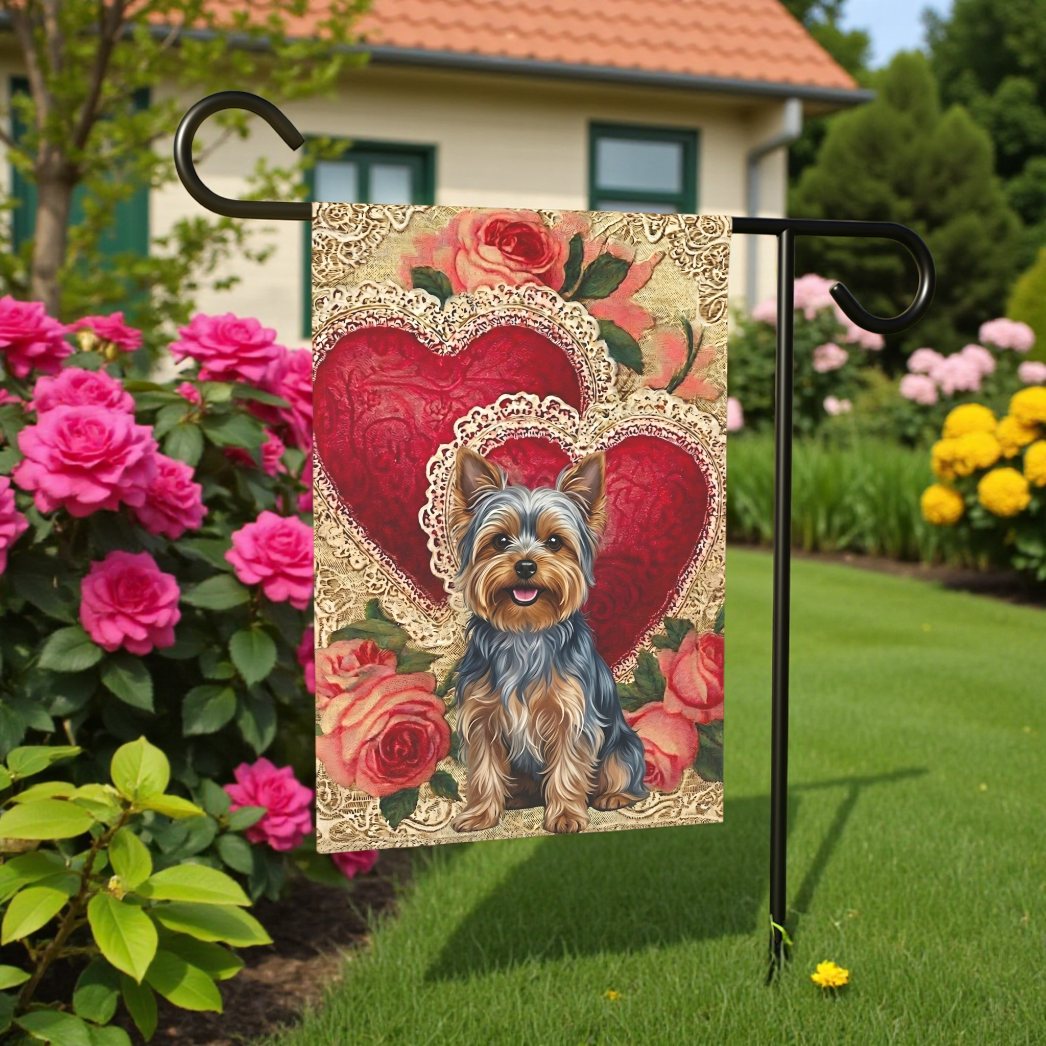 Two Heart Silver Yorkshire Terrier Valentine Garden Flag