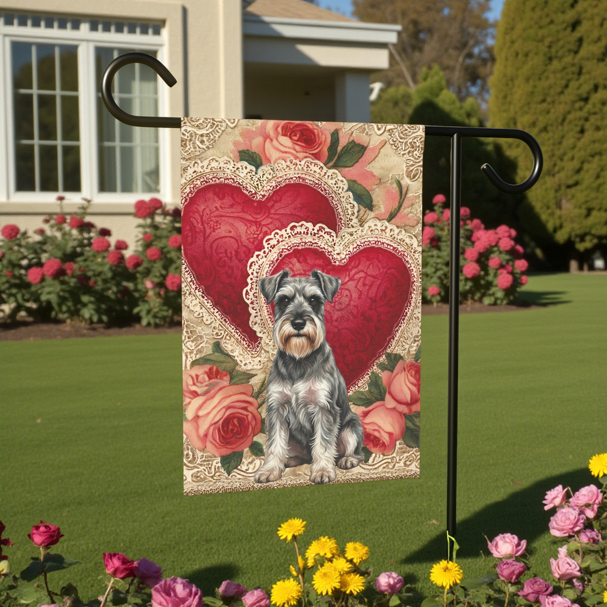 Two Heart Schnauzer Valentine Garden Flag