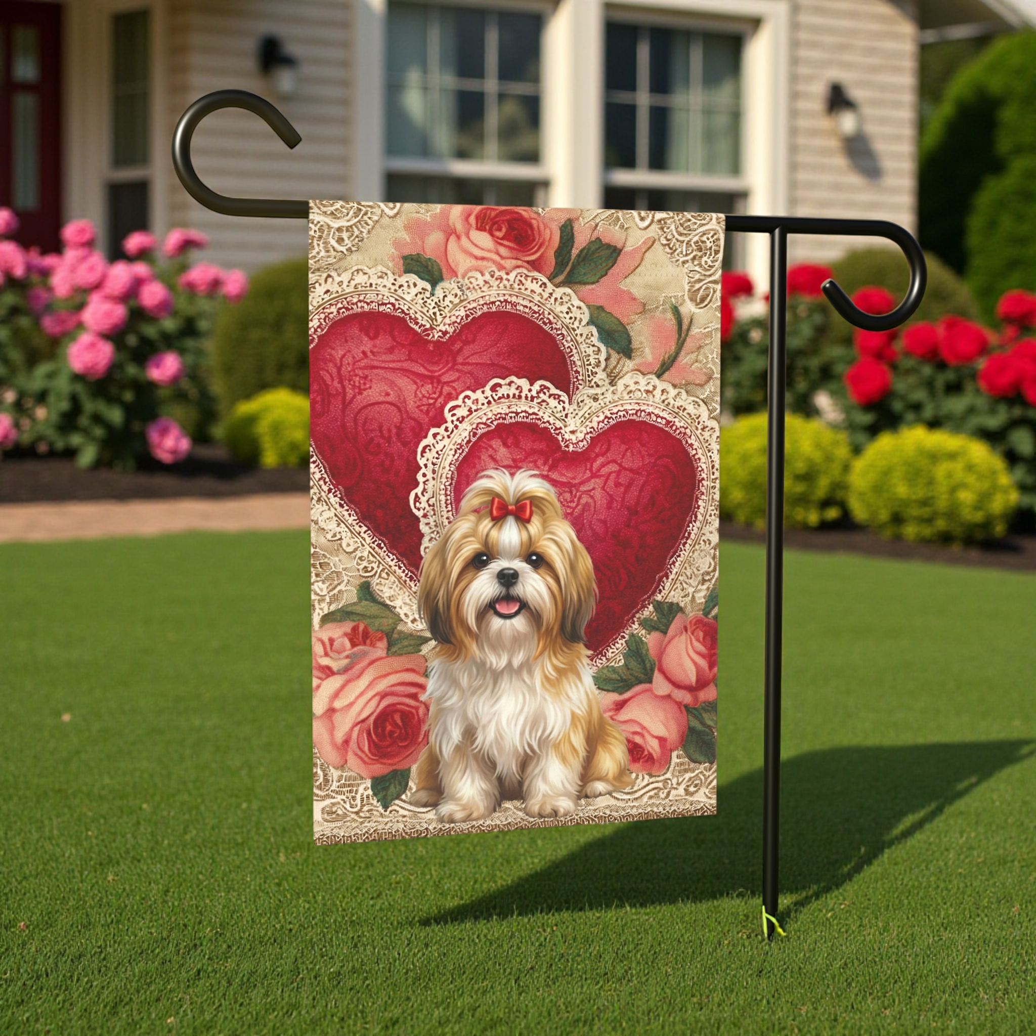 Two Heart Shih Tzu Valentine Garden Flag