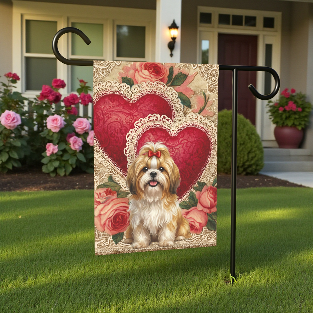 Two Heart Shih Tzu Valentine Garden Flag
