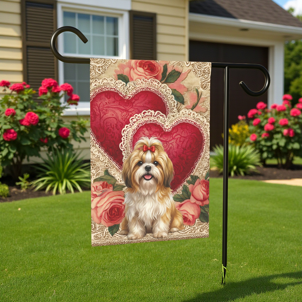 Two Heart Shih Tzu Valentine Garden Flag