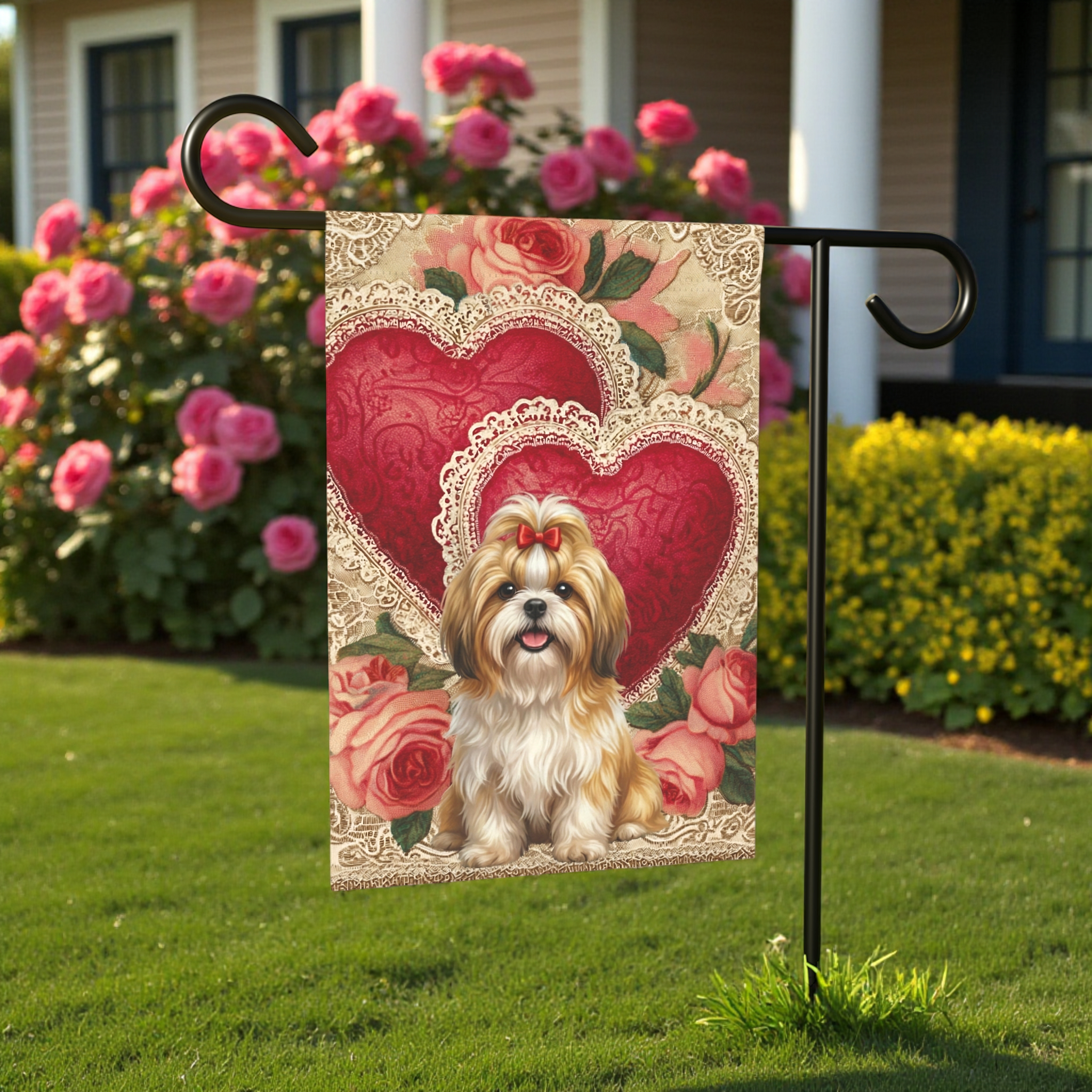 Two Heart Shih Tzu Valentine Garden Flag