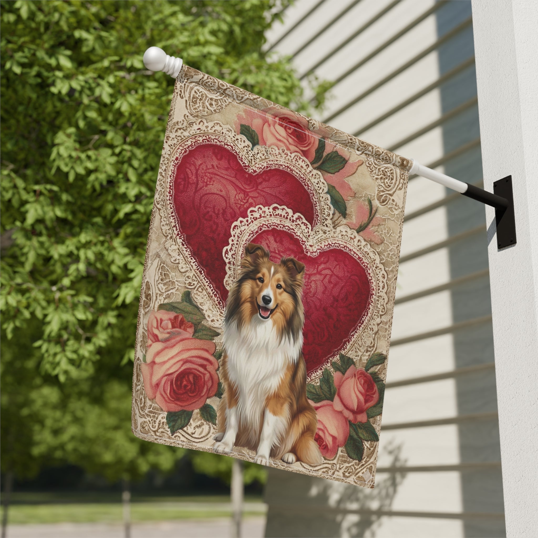 Two Heart Sheltie Valentine Garden Flag