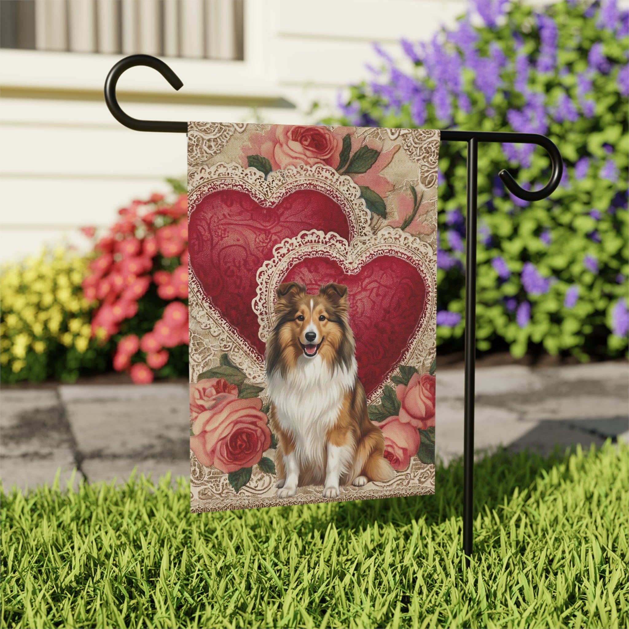 Two Heart Sheltie Valentine Garden Flag