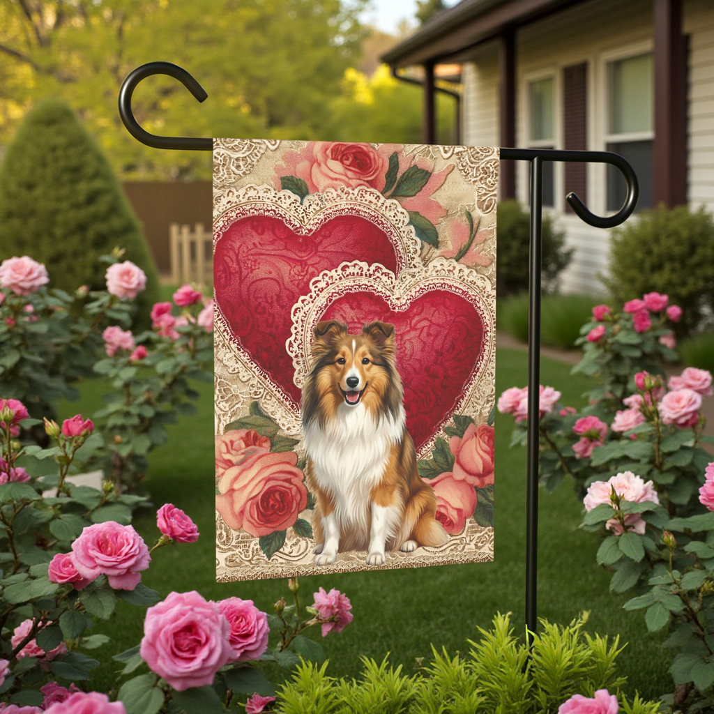 Two Heart Sheltie Valentine Garden Flag