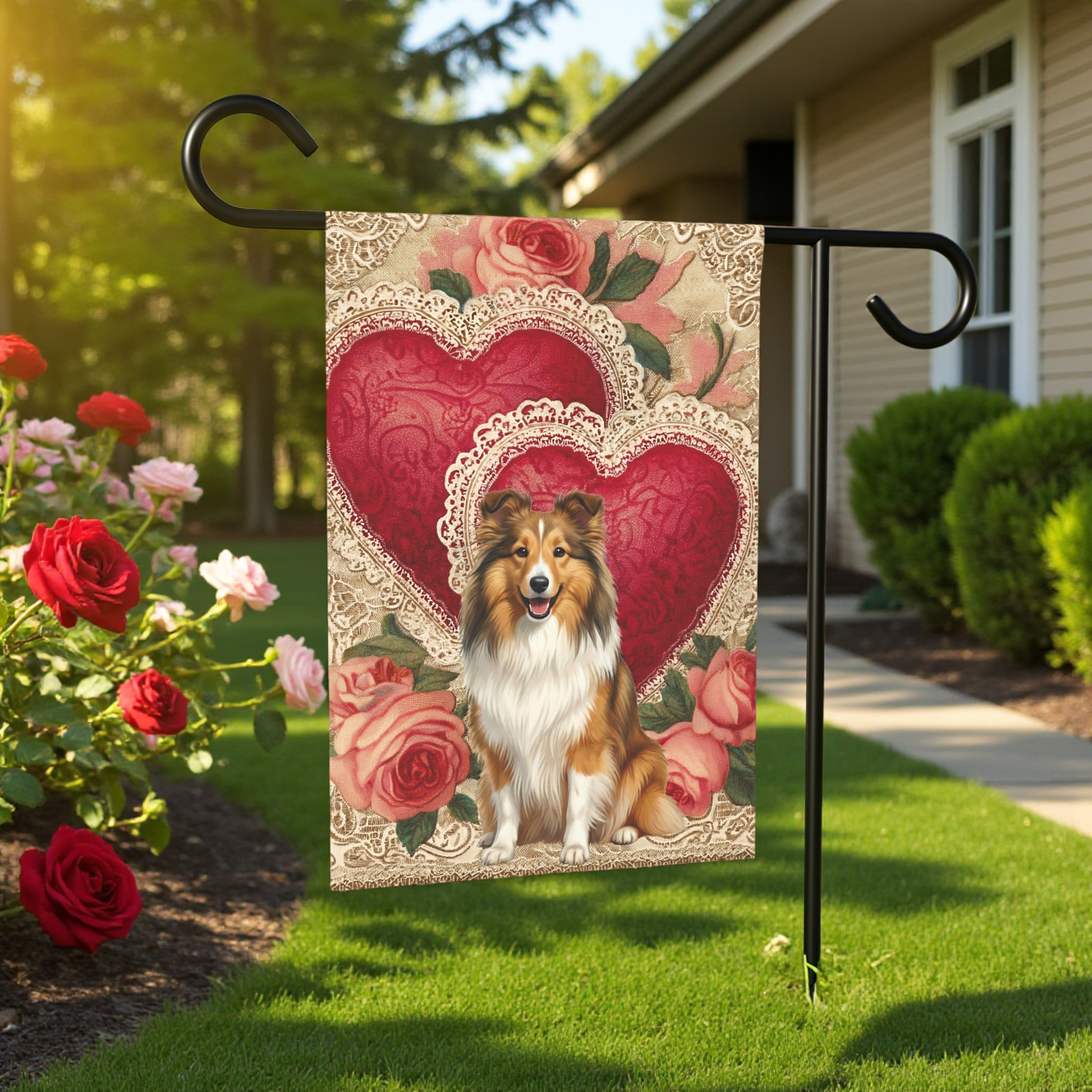 Two Heart Sheltie Valentine Garden Flag
