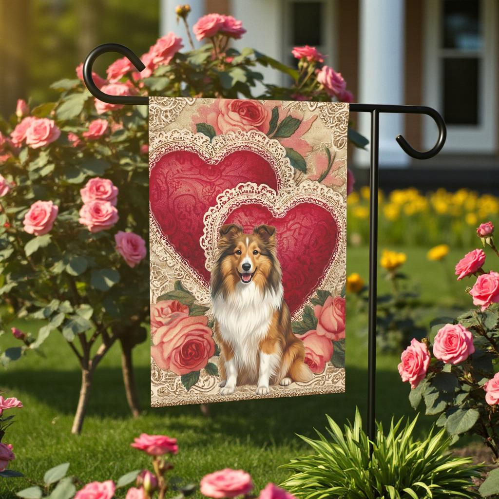 Two Heart Sheltie Valentine Garden Flag