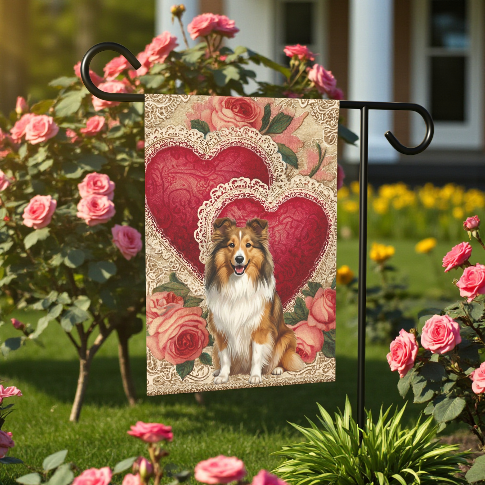 Two Heart Sheltie Valentine Garden Flag
