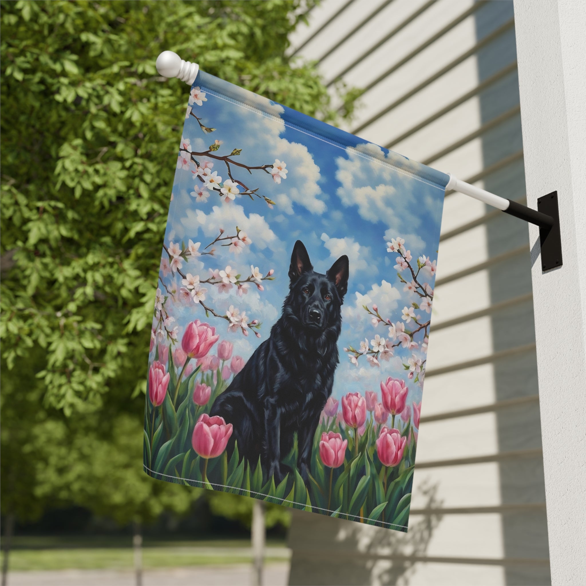 Pink Tulips and Black German Shepherd Spring Garden Flag - close-up detail - Dragonfire Gardens