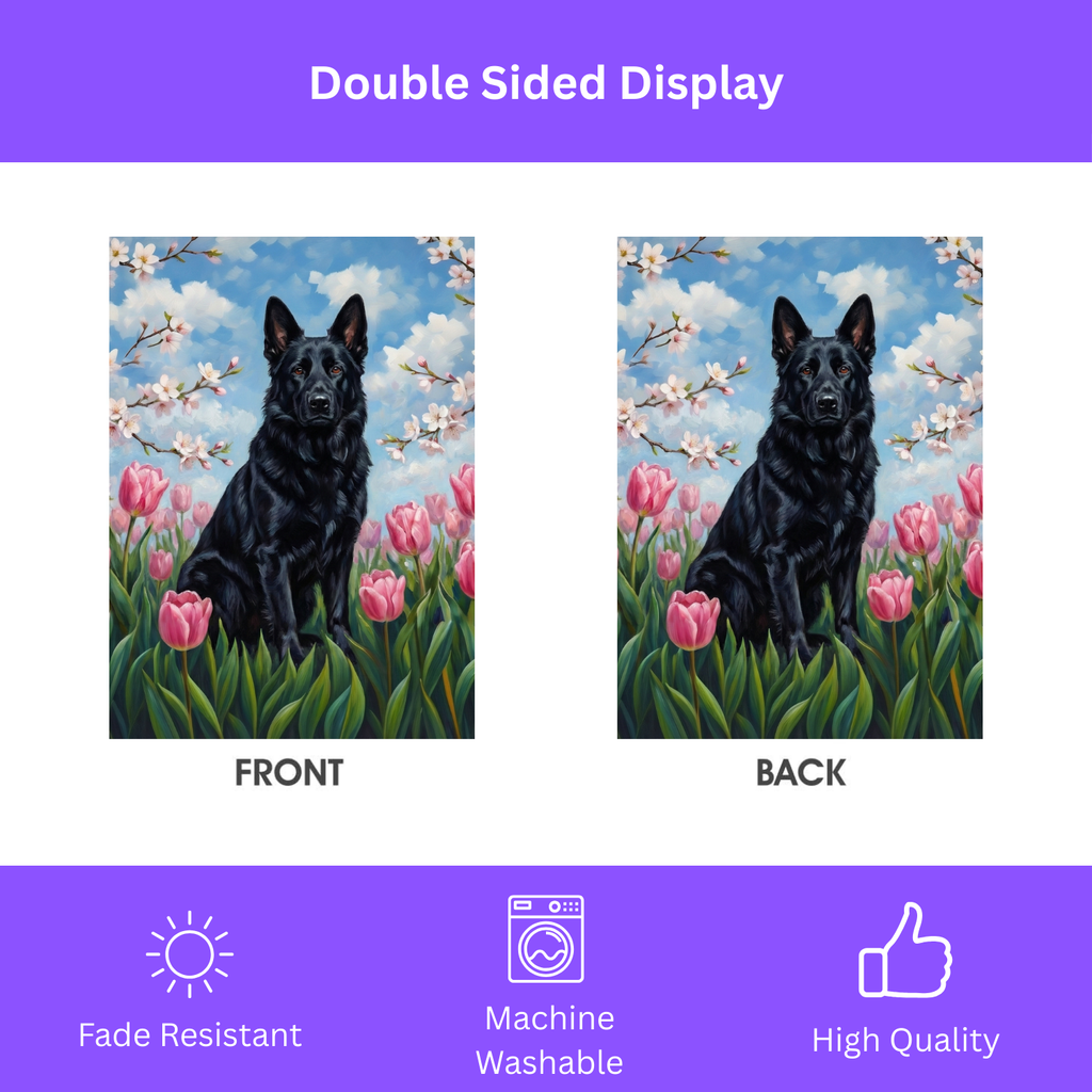 Pink Tulips and Black German Shepherd Spring Garden Flag