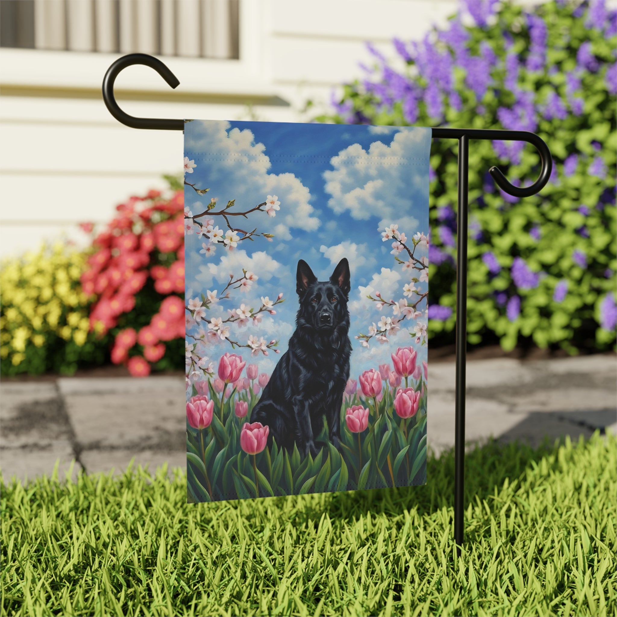 Pink Tulips and Black German Shepherd Spring Garden Flag