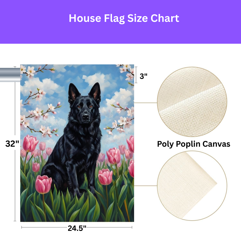 Pink Tulips and Black German Shepherd Spring Garden Flag