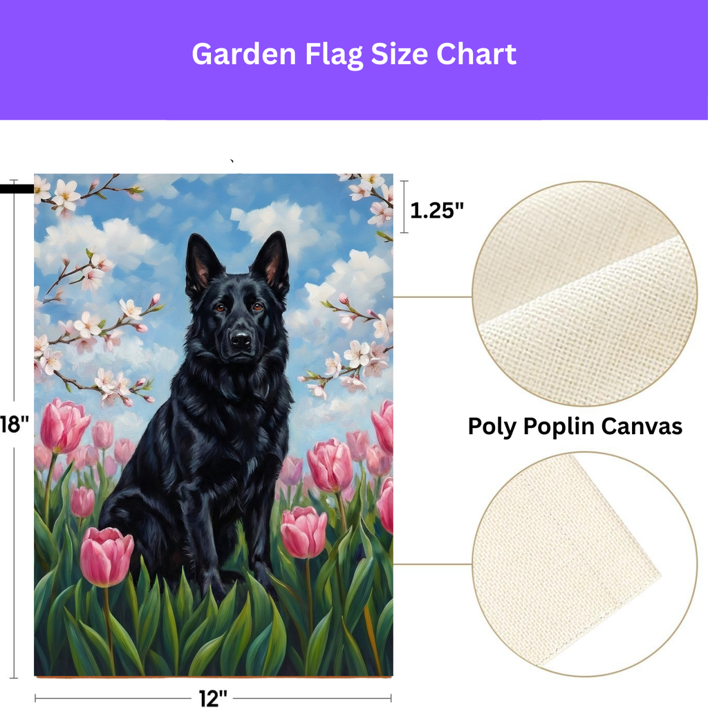 Pink Tulips and Black German Shepherd Spring Garden Flag