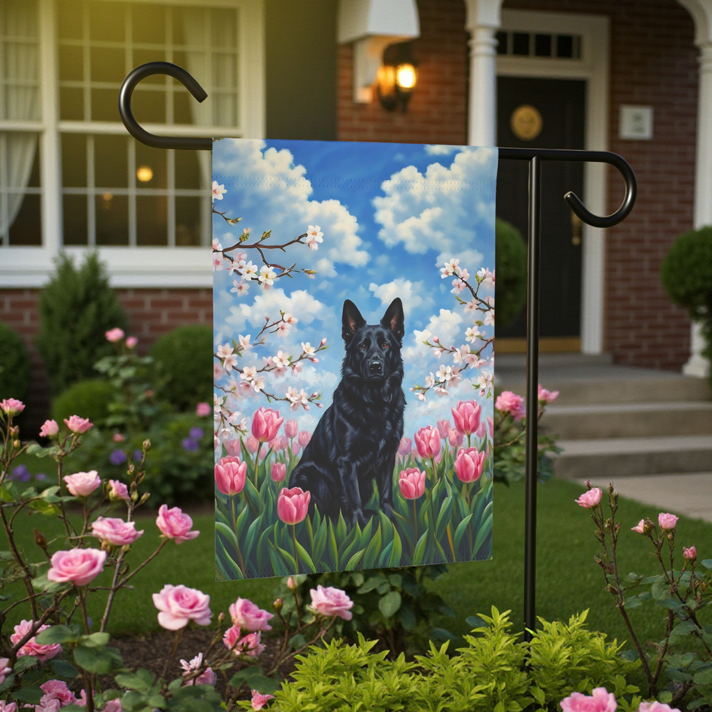 Pink Tulips and Black German Shepherd Spring Garden Flag