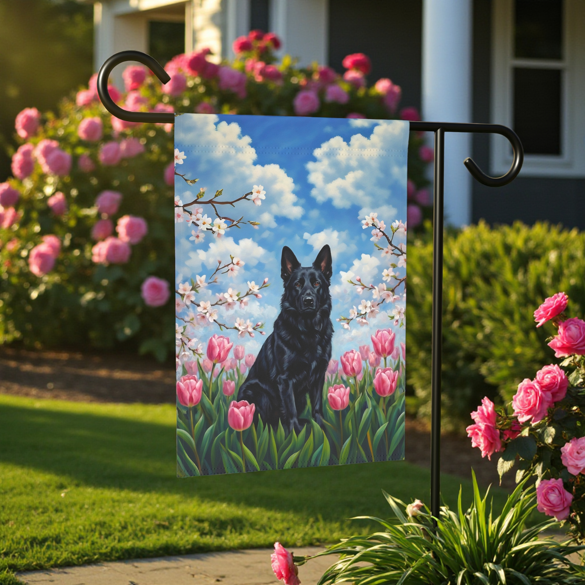 Pink Tulips and Black German Shepherd Spring Garden Flag