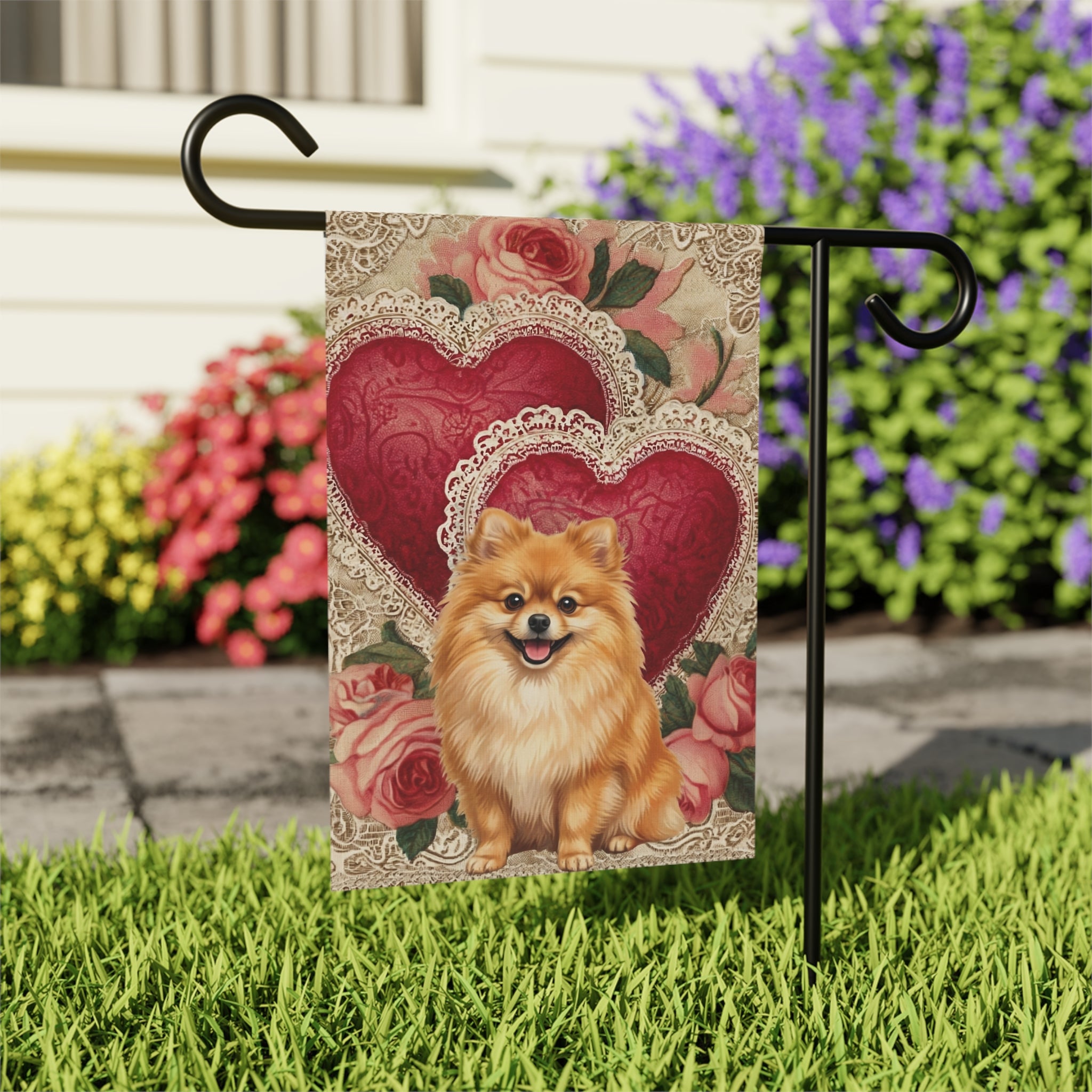 Two Heart Pomeranian Valentine Garden Flag