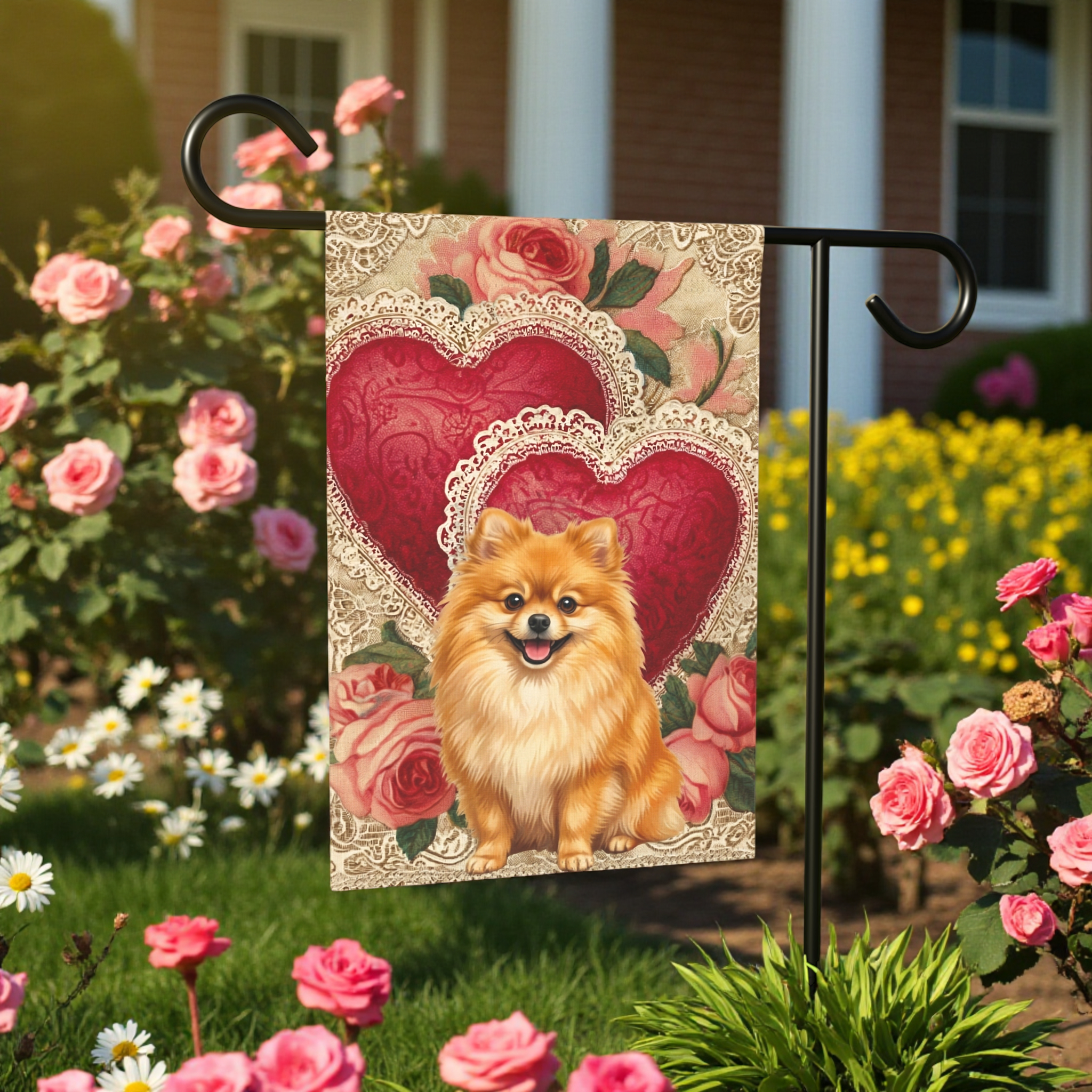 Two Heart Pomeranian Valentine Garden Flag