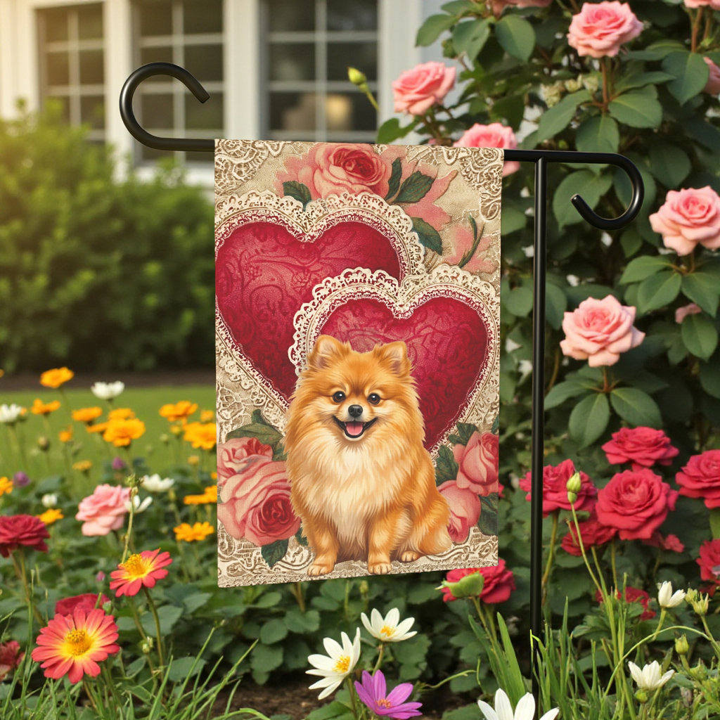 Two Heart Pomeranian Valentine Garden Flag